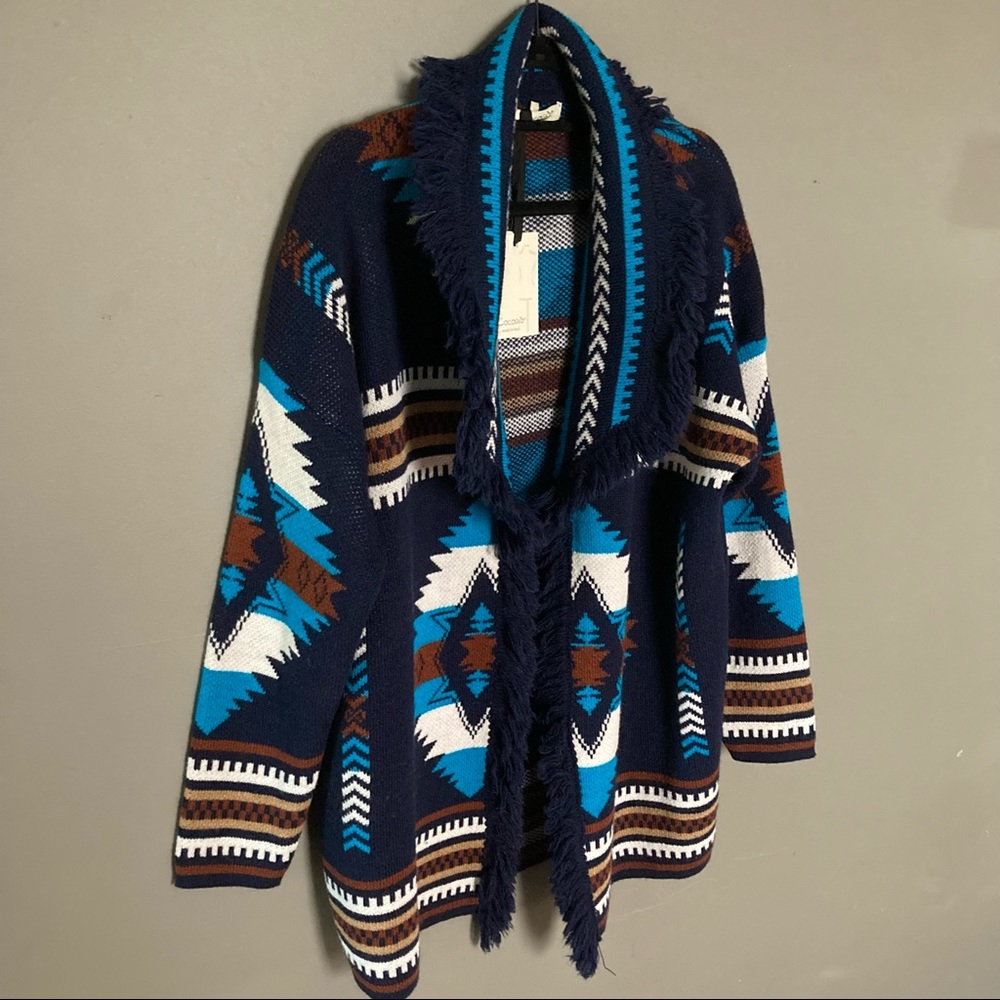 LAST ONE Cocogio Cardigan Sweater Italian Aztec Southwestern fringe Medium wool - Picture 2 of 7